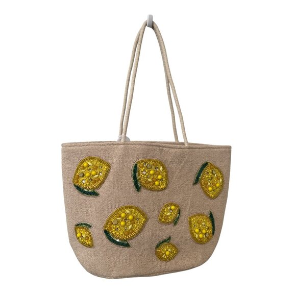 Lemon Beaded Tote Bag 11x17" Natural Cotton Beach Shoulder Handmade India - Picture 1 of 9